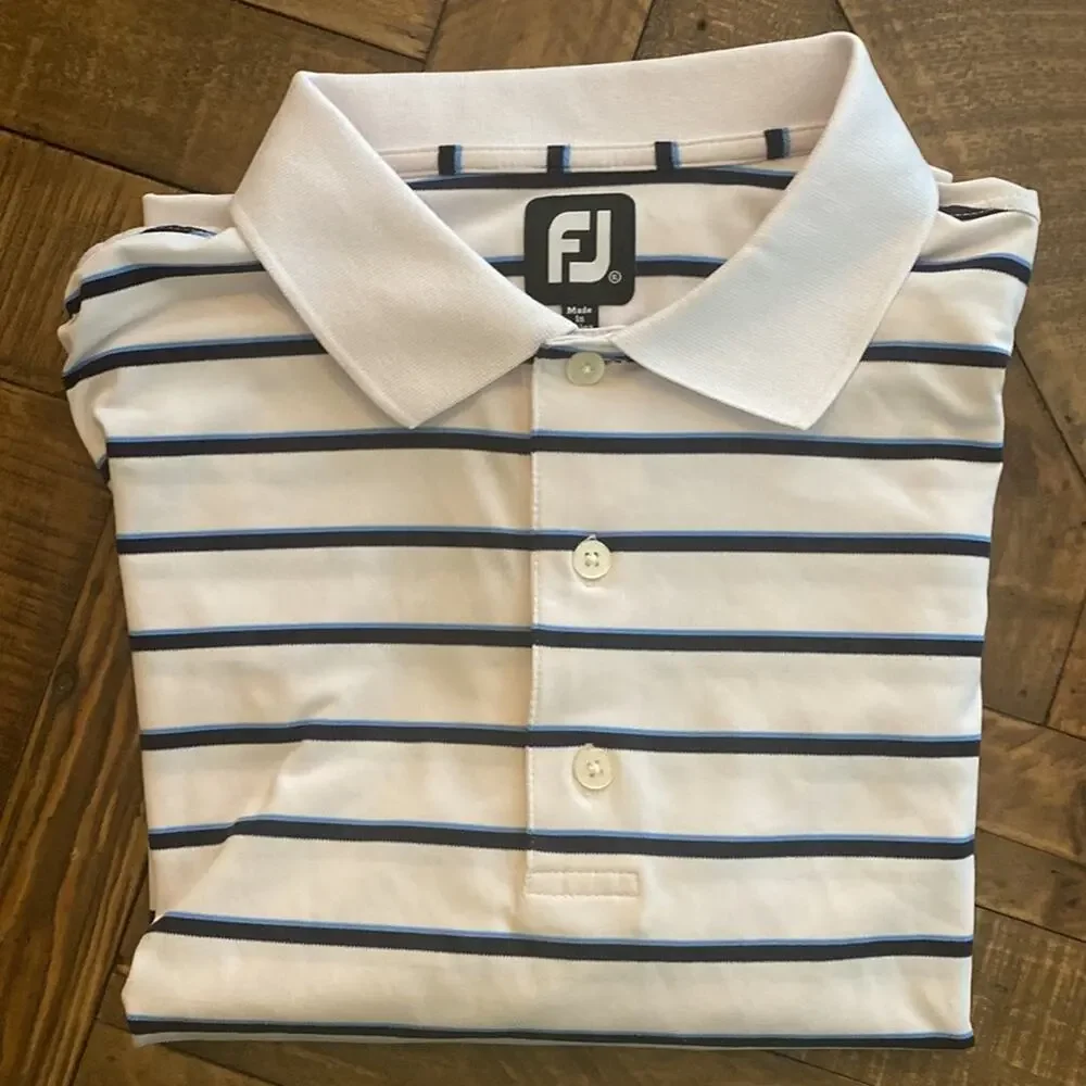 Mens Footjoy Golf Polo.  White with Cyan Navy Stripes.  Size XL. - Picture 8 of 8